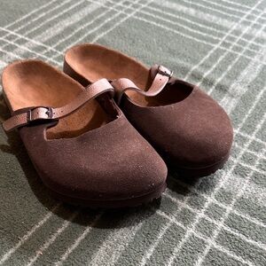 Birkenstock Women’s Brown Suede Mary Jane Clog Mule with Adjustable Strap